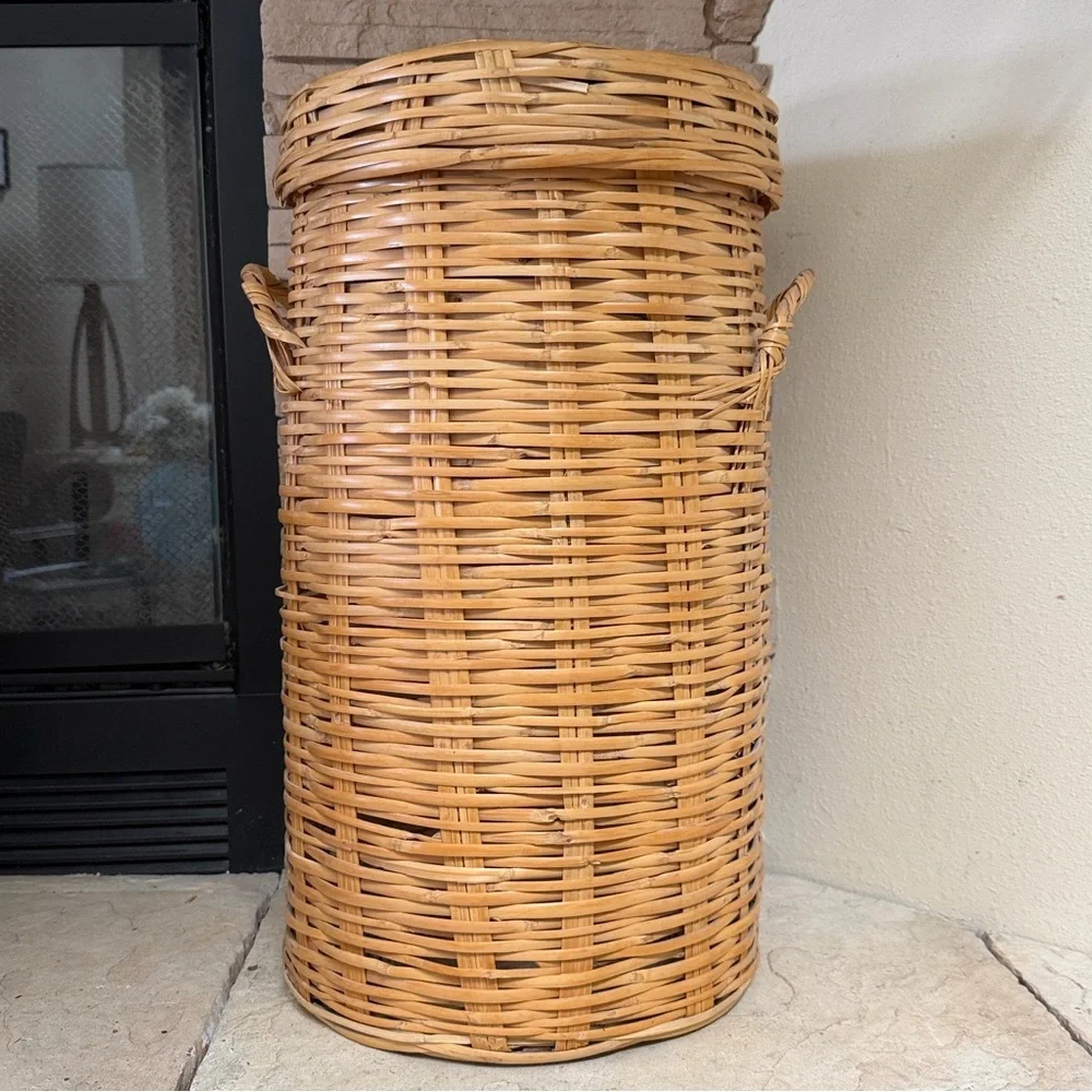 Vintage Wicker Storage Basket w/ Lid | Tall Boho Rattan Blanket Hamper